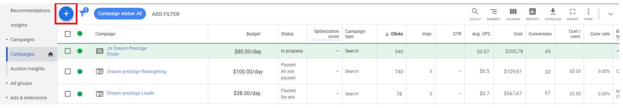 Google Ads performance dashboard – JS Dream Prestige Search Campaign results